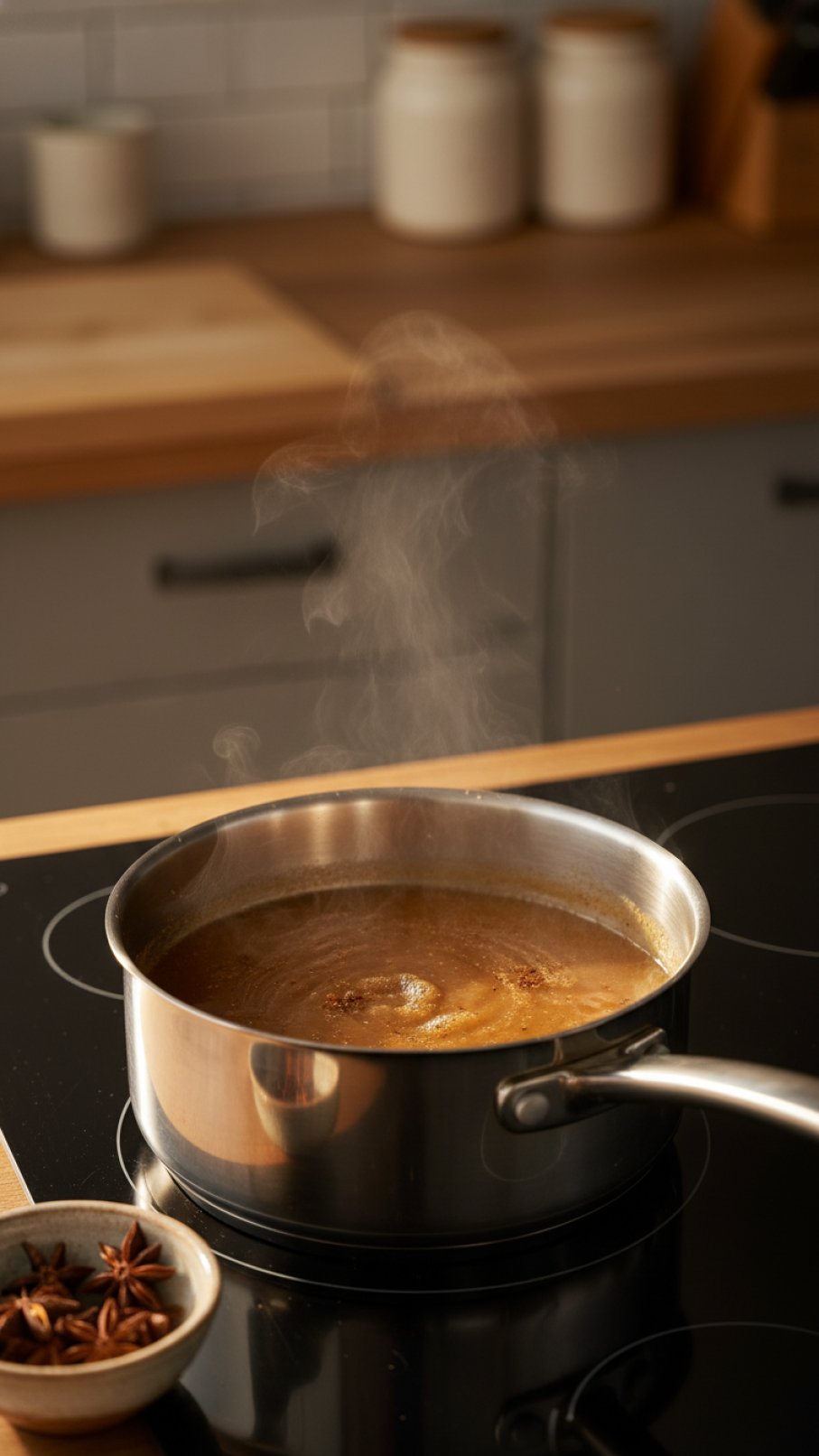 Close-up of biscoff syrup gently simmering in saucepan with steam rising from rich caramel-colored liquid and visible spice specks