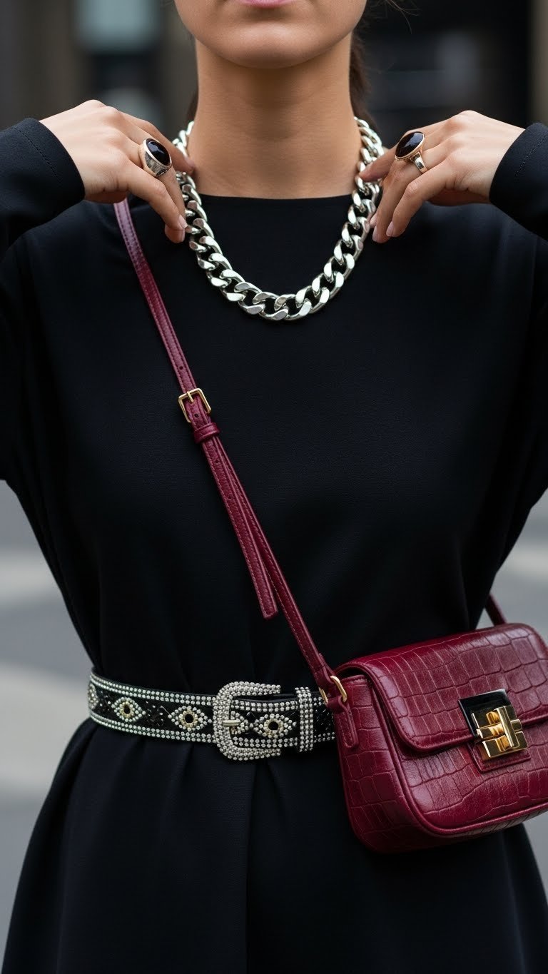 Close-up of black base outfit with chunky silver chain necklace and statement accessories transformation