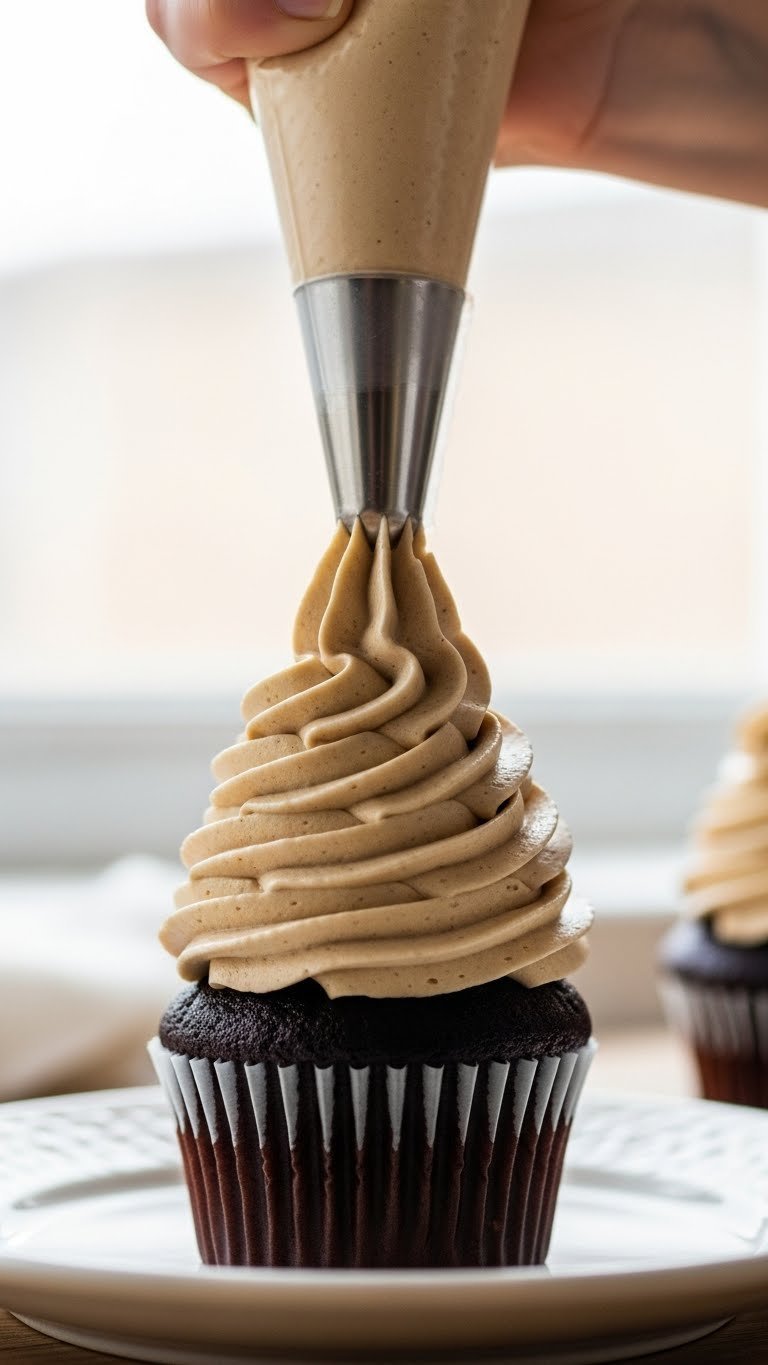Whipped Coffee Ganache Recipe With Perfect Pipeable Texture 13 Close-up of chocolate cupcake being piped with whipped coffee ganache swirl using star tip