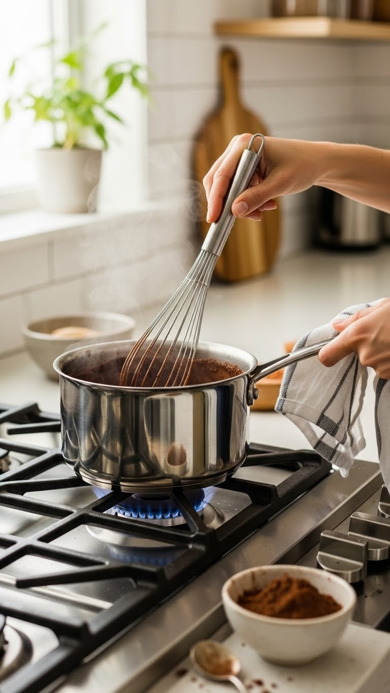 Close-up of chocolate mixture being whisked in stainless steel saucepan on gas stovetop with steam rising and soft flame visible
