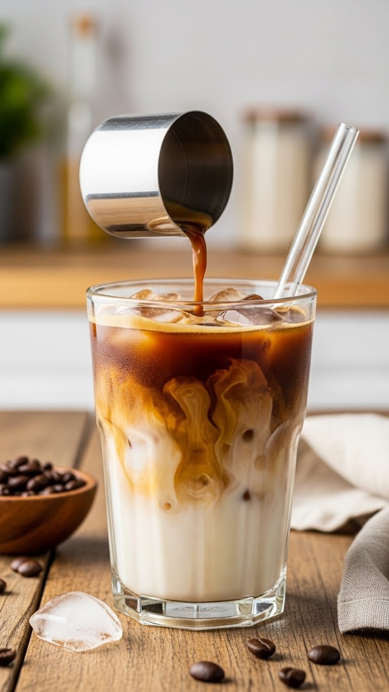 Close-up of classic iced latte in clear glass with espresso cascading into milk on rustic wooden table with coffee beans.