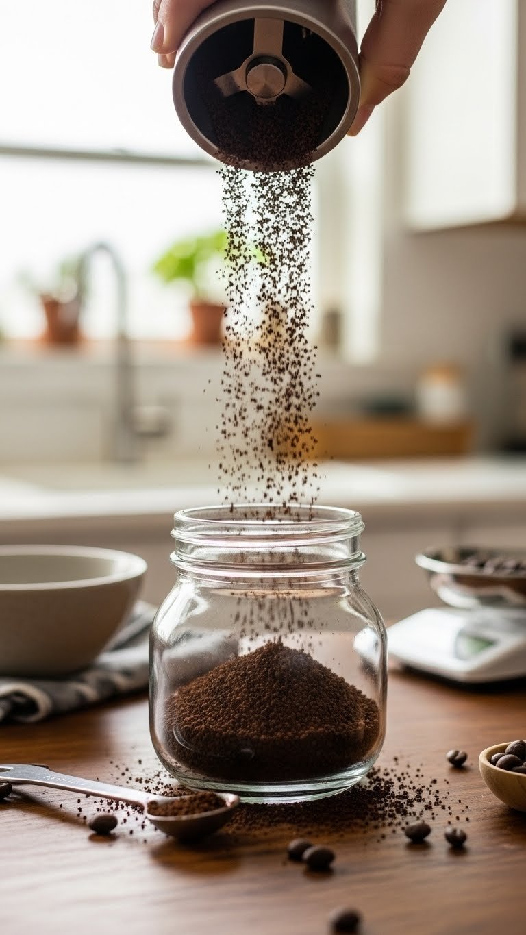 Close-up of coarse coffee grounds pouring from burr grinder into glass bowl on rustic wooden countertop with soft natural lighting.