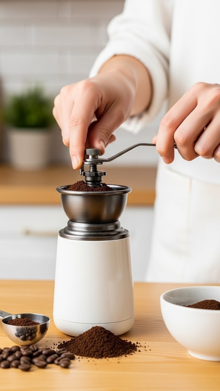 Close-up of coffee beans being ground in minimalist hand grinder with ground coffee collecting beneath
