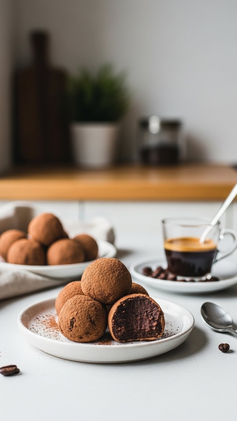 Close-up of creamy keto coffee truffles dusted with cocoa powder on white ceramic plate with espresso cup and coffee beans in soft natural light