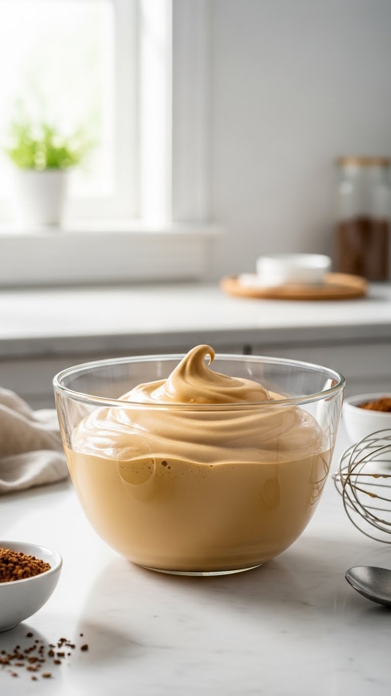 Whipped Coffee Meal Prep Proven Make Ahead Method for Busy Mornings 1 Close-up of creamy whipped Dalgona coffee foam with soft peaks in a glass bowl on a marble counter with a whisk.