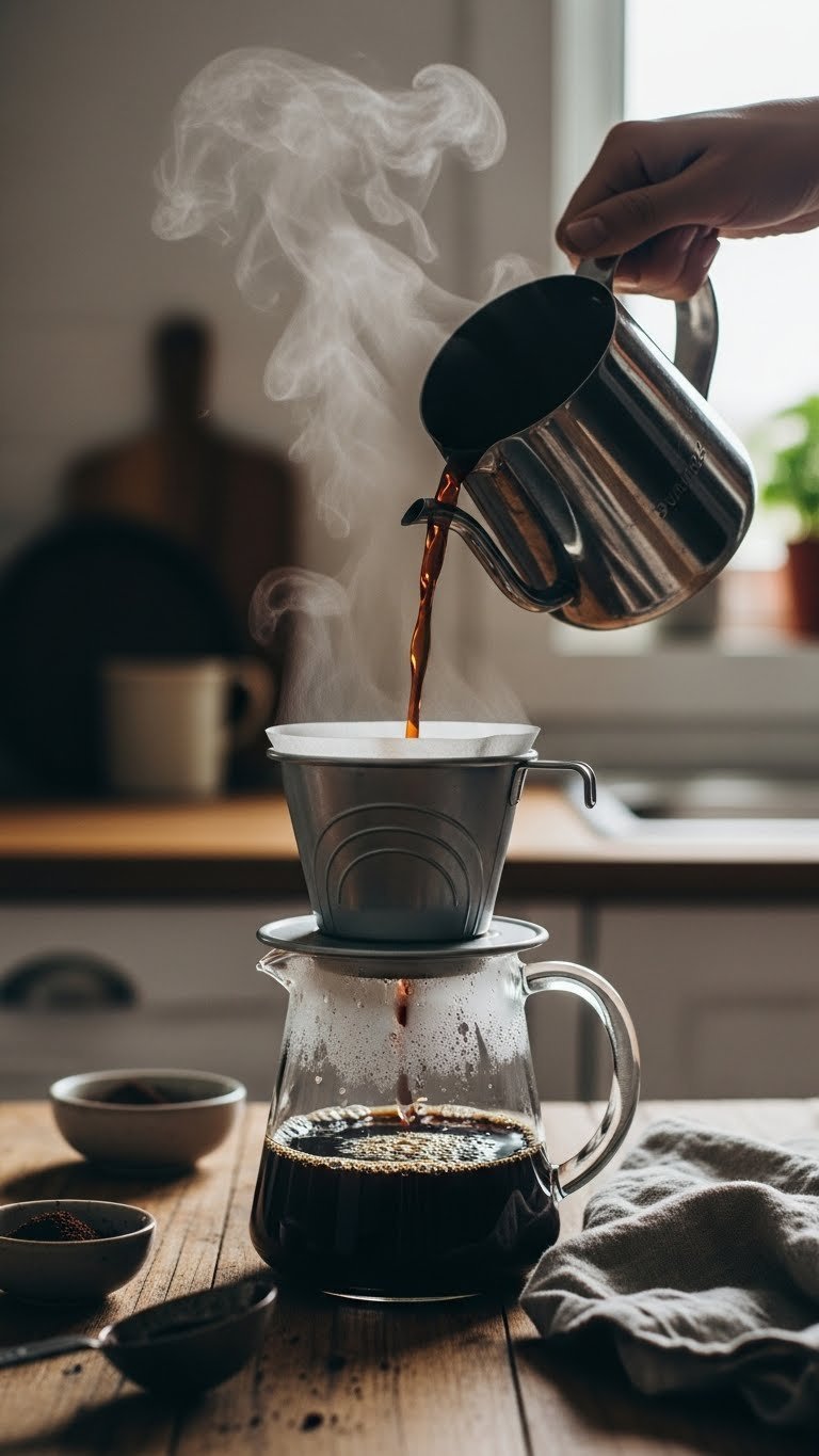 Close-up of dark Thai coffee being strained through traditional sock filter into clear glass pitcher with steam rising