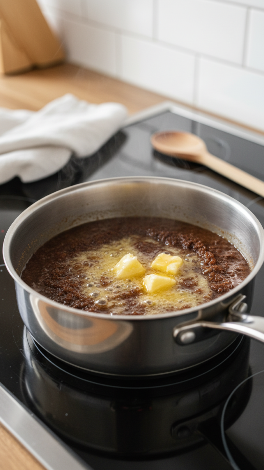 Close-up of dark brown sugar melting with butter and water in stainless steel saucepan on stovetop during cooking process