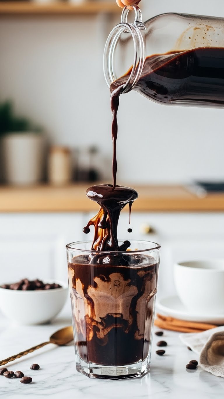 Close-up of dark coffee and chocolate syrup swirling together in clear glass on marble countertop with minimalist background