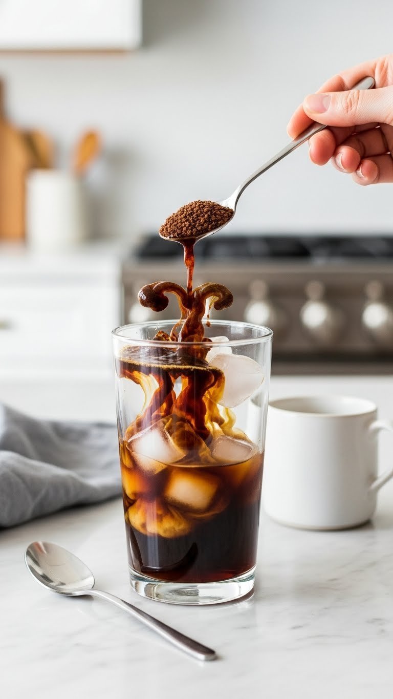 Close-up of dark instant decaf coffee granules dissolving in hot water over ice-filled glass on marble countertop