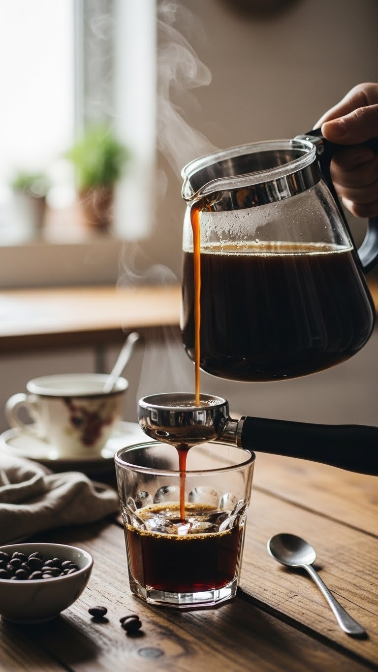 Close-up of dark roasted coffee brewing with steam rising from a clear glass on rustic wooden table in natural kitchen light