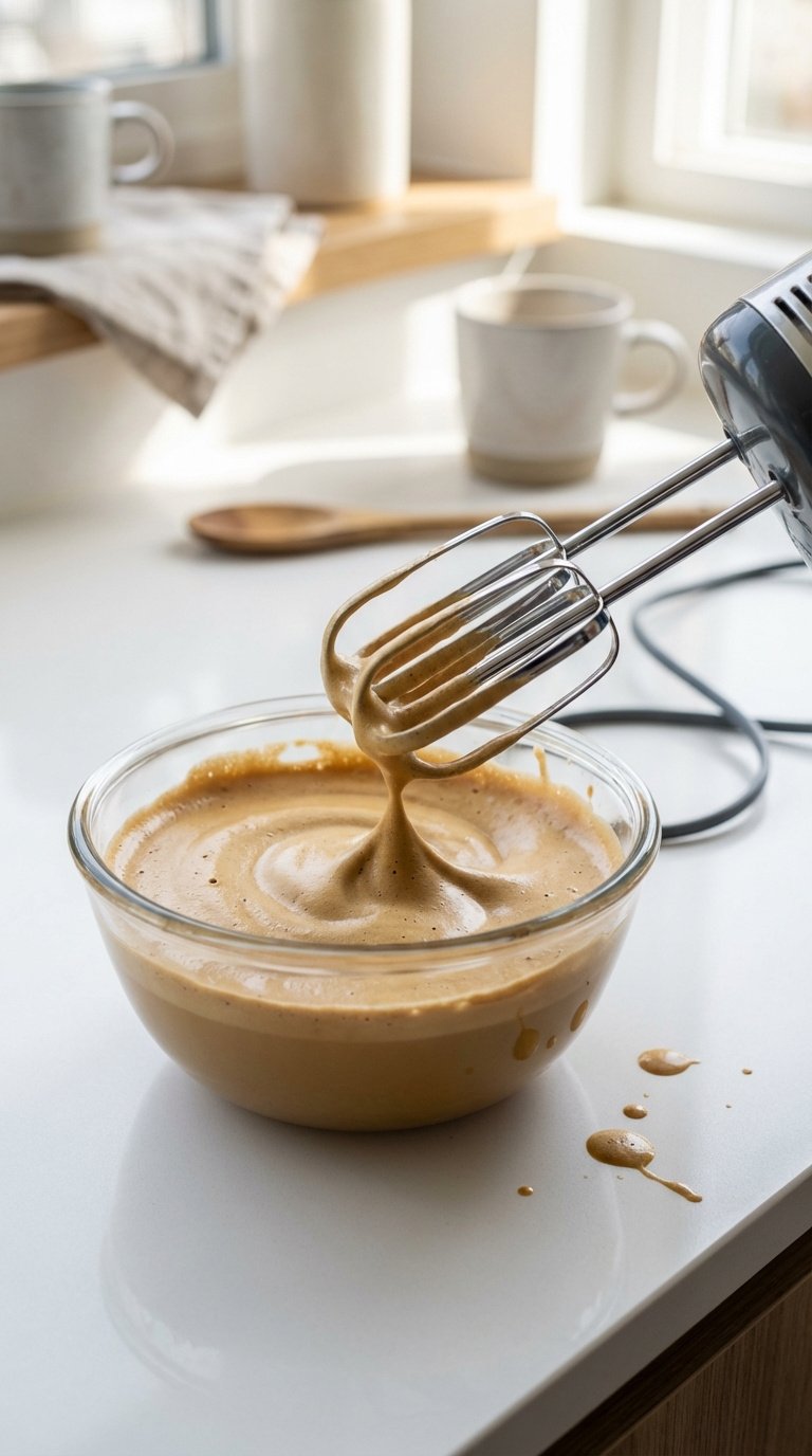 Iced Coconut Whipped Coffee: Ultimate Easy Vegan Recipe 3 Close-up of electric hand mixer creating fluffy peaks in whipped coffee mixture with espresso powder and sugar