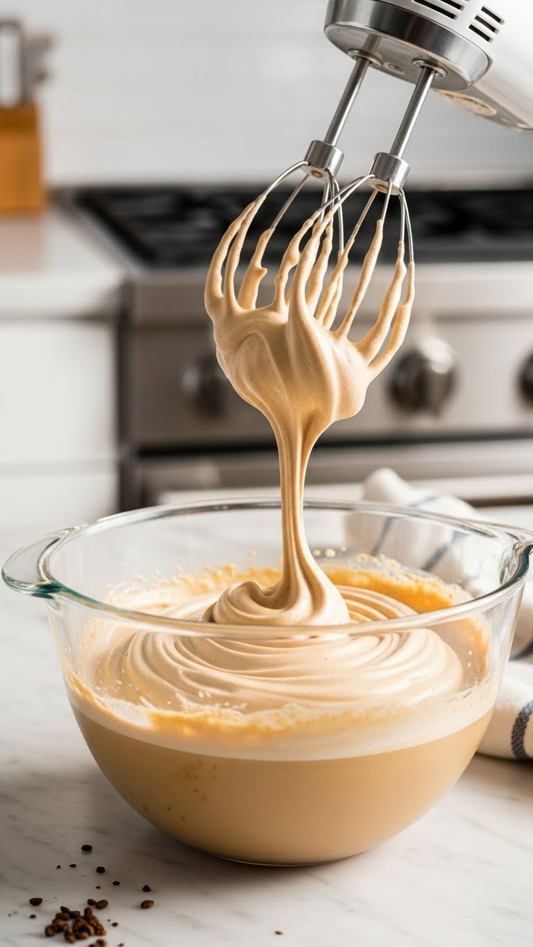 Close-up of electric hand mixer whipping thick coffee foam in clear glass bowl with soft bokeh background and natural lighting
