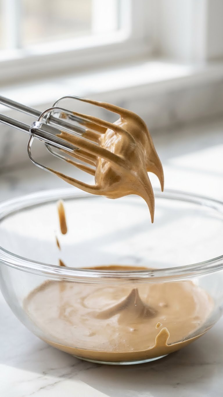 Sugar Free Whipped Coffee Recipe That Works Without Sugar 9 Close-up of electric mixer beaters lifted from bowl showing perfect stiff peaks of glossy whipped coffee foam