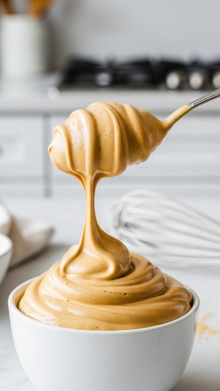 Close-up of fluffy whipped coffee foam with stiff peaks in white ceramic bowl showing glossy golden-brown texture