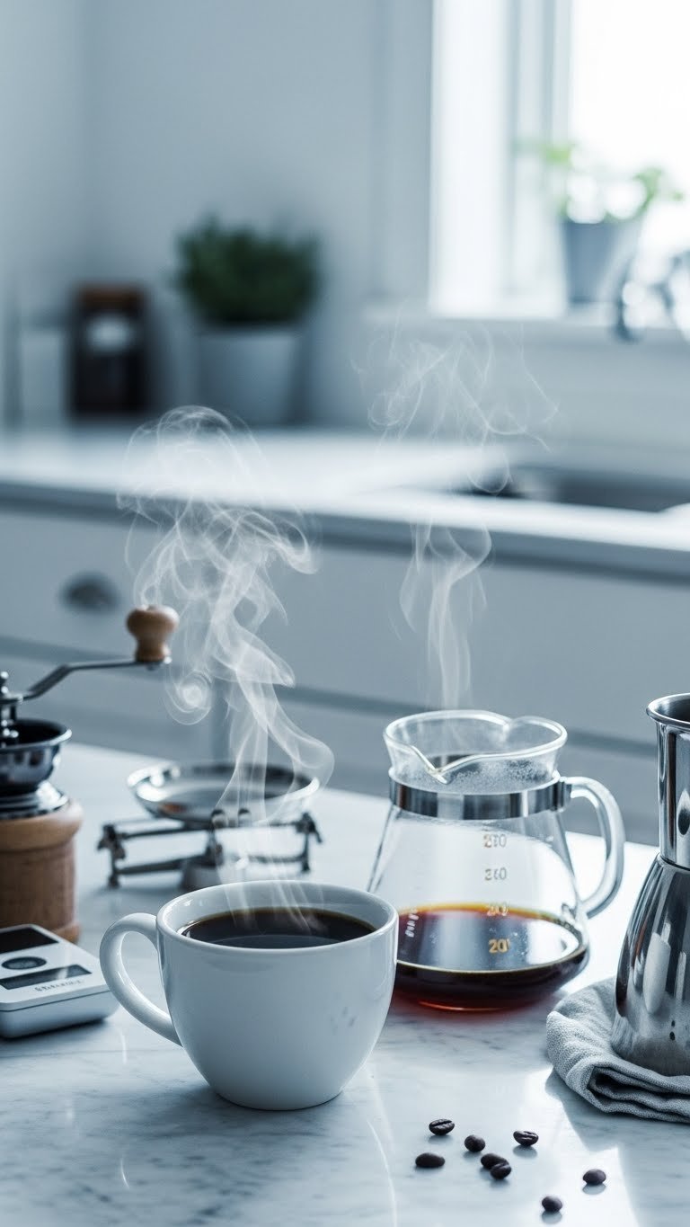 Close-up of freshly brewed black coffee in ceramic mug with minimalist brewing equipment on marble countertop