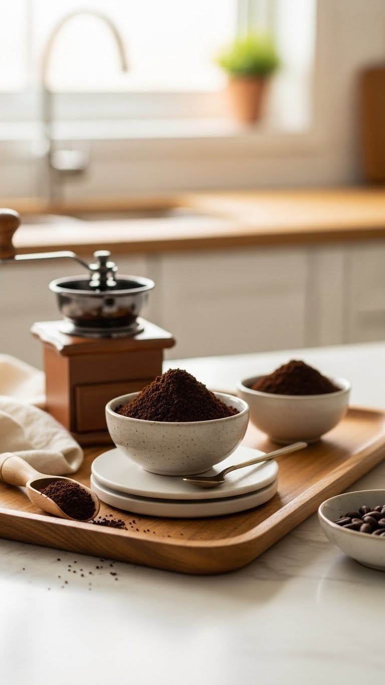 Close-up of freshly ground coffee beans in ceramic bowl with coffee grinder blurred in background