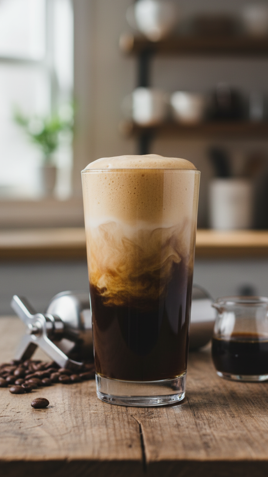 Close-up of freshly poured nitro cold brew in tall glass showing cascading effect with creamy head and micro-bubbles on rustic wooden table