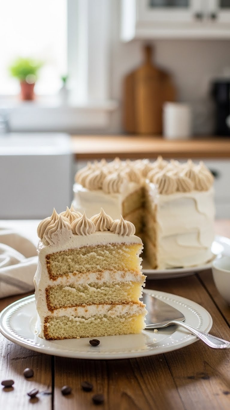 Whipped Coffee Buttercream Complete Guide Easy Light Fluffy Frosting 1 Close-up of frosted white layer cake with whipped coffee buttercream on vintage plate with coffee beans and silver server in rustic kitchen setting.