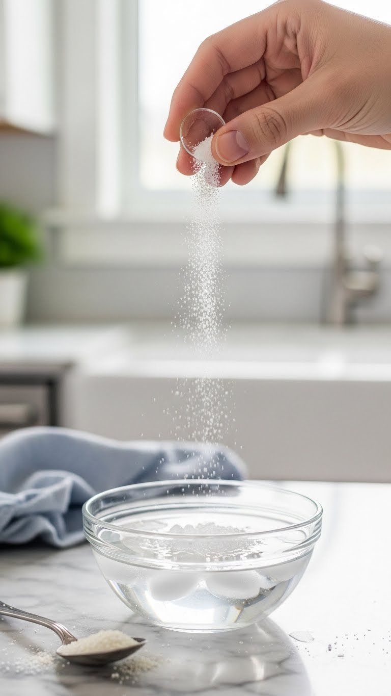 Close-up of gelatin powder blooming in cold water in a clear glass bowl on marble countertop with soft natural lighting