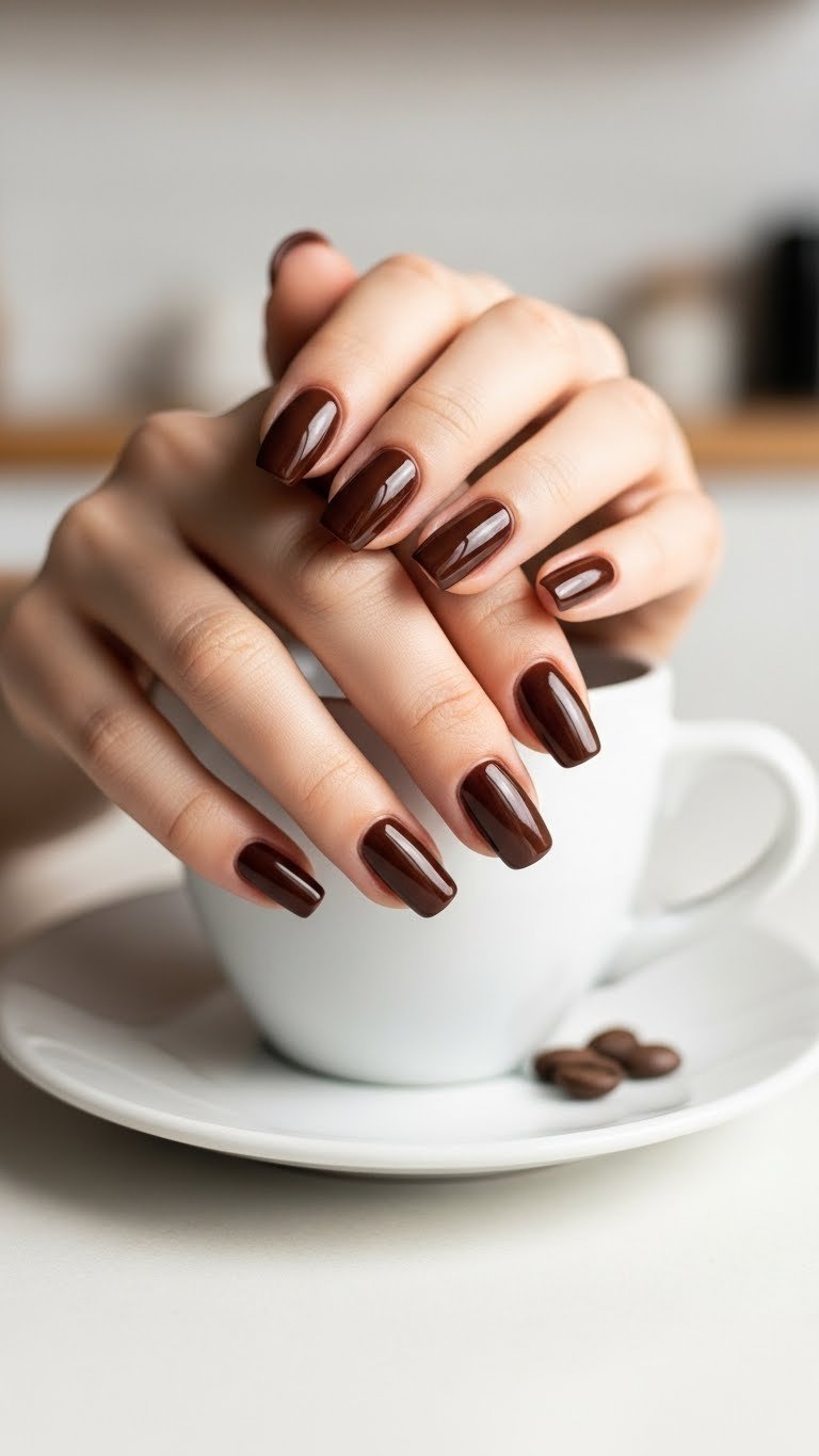 Close-up of glossy espresso brown nails on white ceramic coffee cup with scattered coffee beans in soft natural light