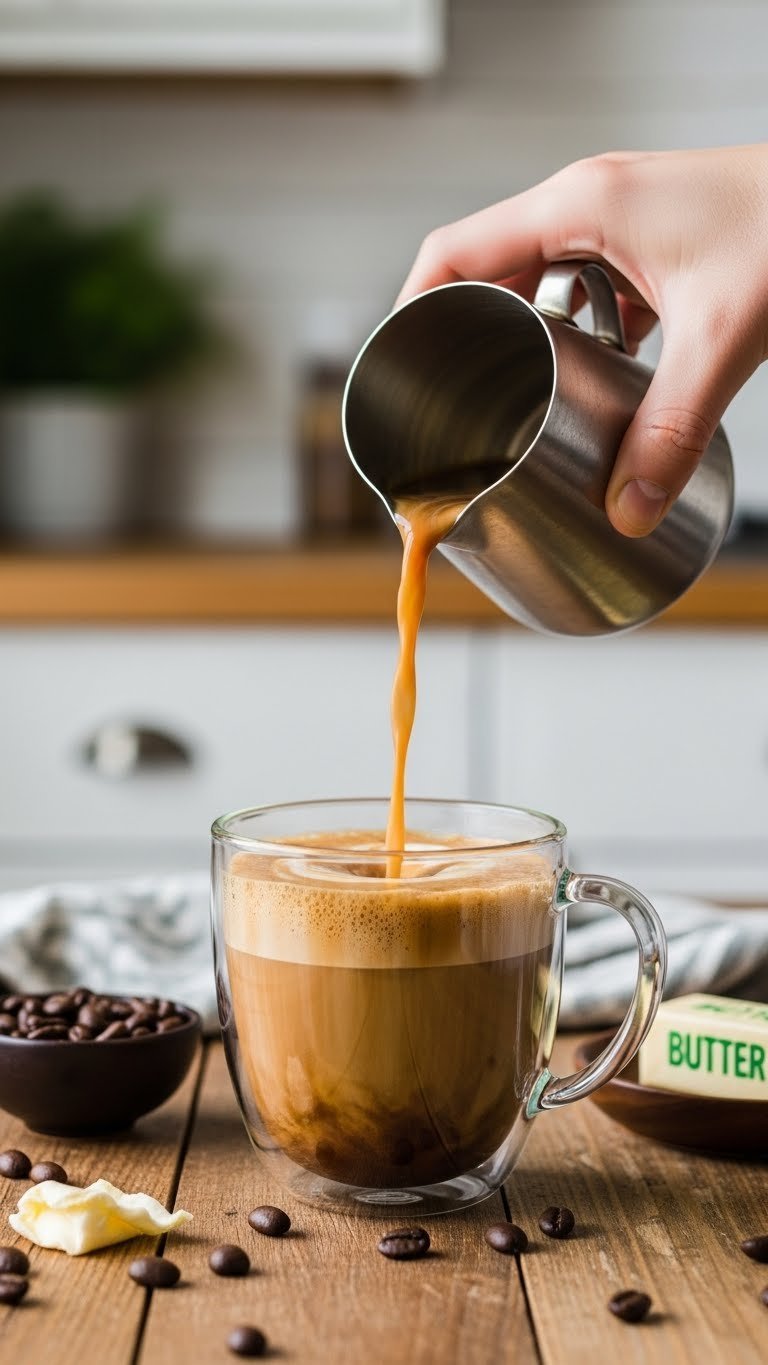 Close-up of golden brown bulletproof coffee being poured into a clear glass mug with creamy foam on rustic wooden table