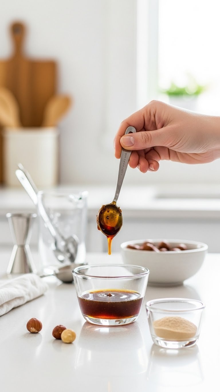 Close-up of hand adjusting measuring spoon over glass bowl of hazelnut syrup on white countertop