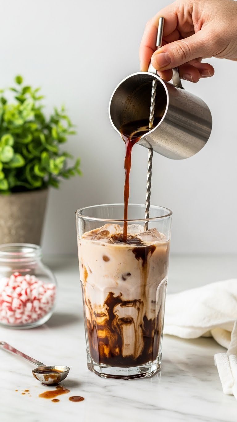 Close-up of hand stirring iced peppermint mocha ingredients in tall glass with coffee being poured into chocolate mixture
