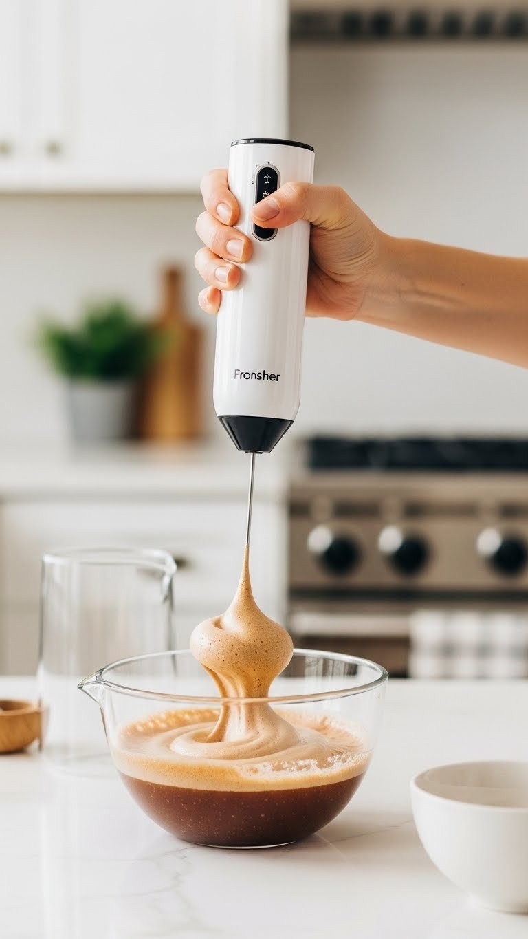 Easy 3-Ingredient Whipped Coffee With a Milk Frother 3 Close-up of hand using electric milk frother to whip dark brown coffee mixture forming creamy peaks in glass bowl
