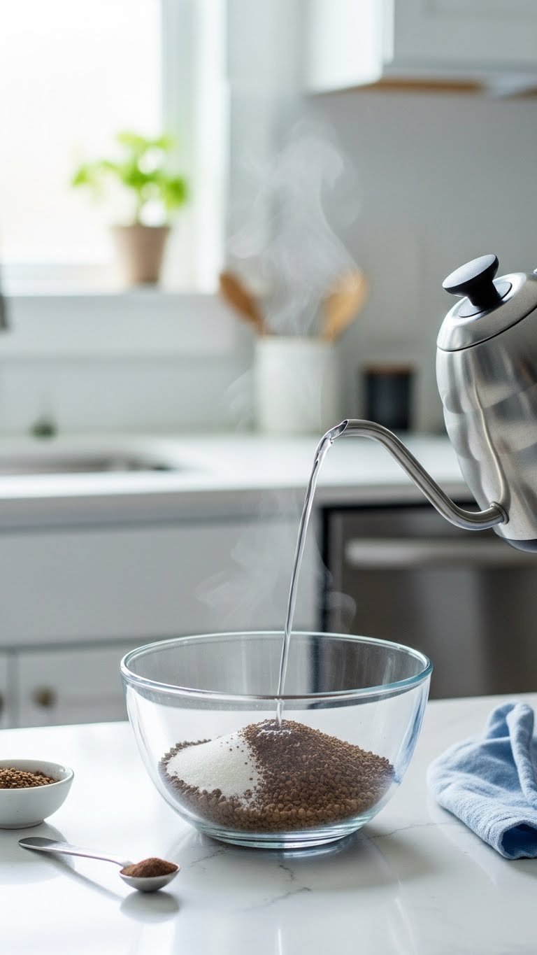 Close-up of hot water pouring over instant coffee and sugar in clear mixing bowl for cloud coffee preparation