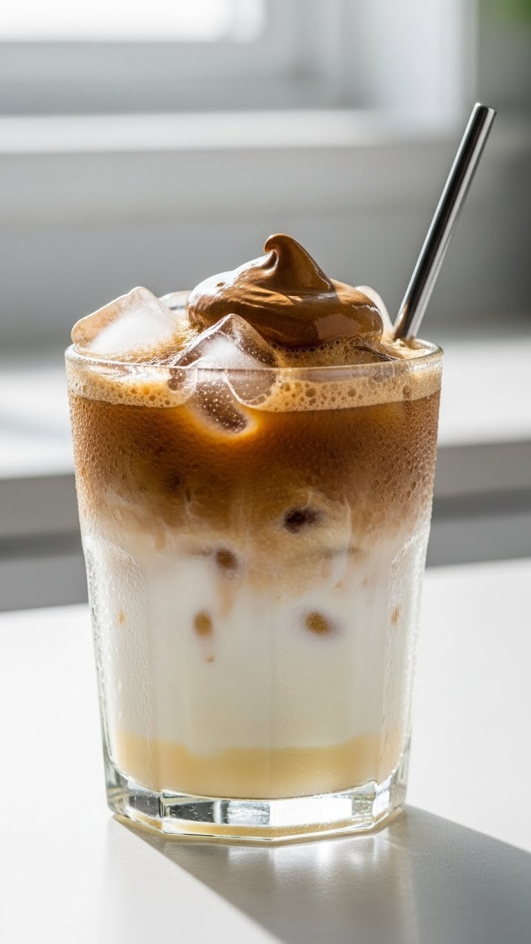 Vietnamese Whipped Coffee Easy Authentic Recipe Guide 3 Close-up of iced Vietnamese whipped coffee in a condensation-glistening glass with distinct layers, ice, and a metal straw.