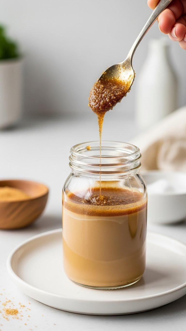 Close-up of imperfect salted caramel coffee syrup showing crystallization and grainy texture on white ceramic plate demonstration.