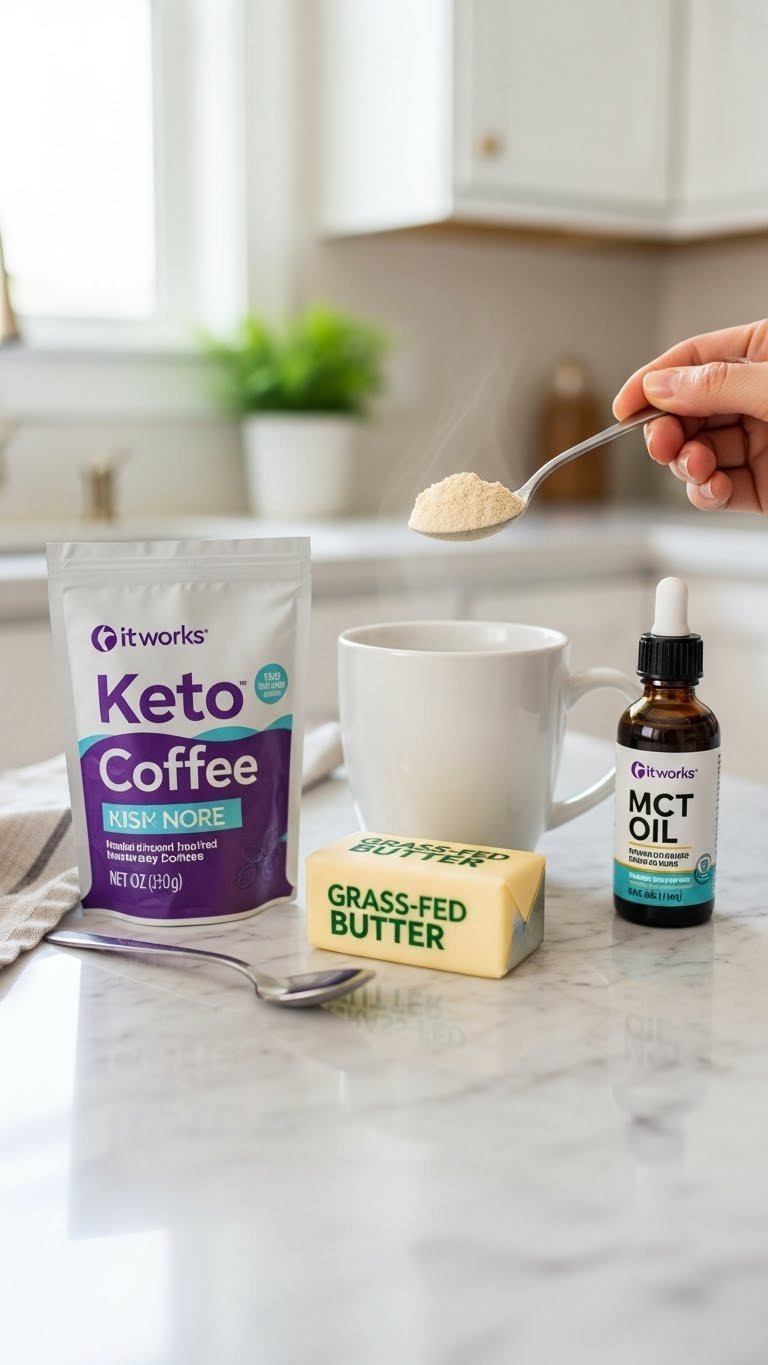 Close-up of keto coffee powder being spooned into mug with grass-fed butter and MCT oil on marble countertop
