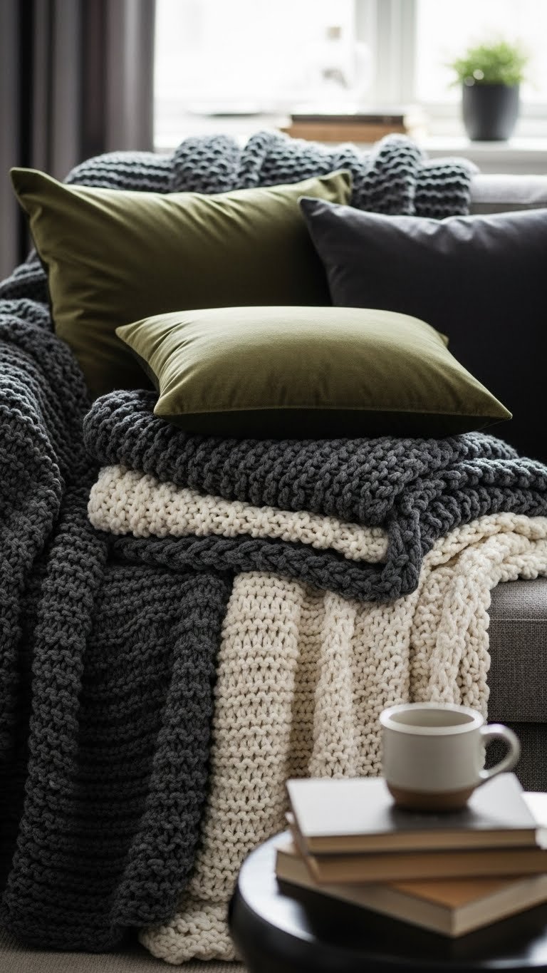 Close-up of layered textiles on plush sofa with chunky knit blankets and velvet throw pillows in charcoal and olive