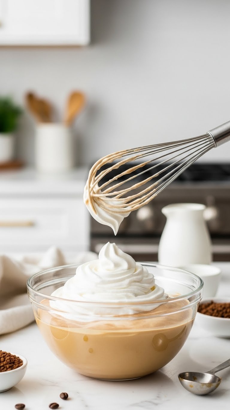 Close-up of light fluffy caramel-colored whipped coffee mixture in glass bowl with whisk on white marble countertop