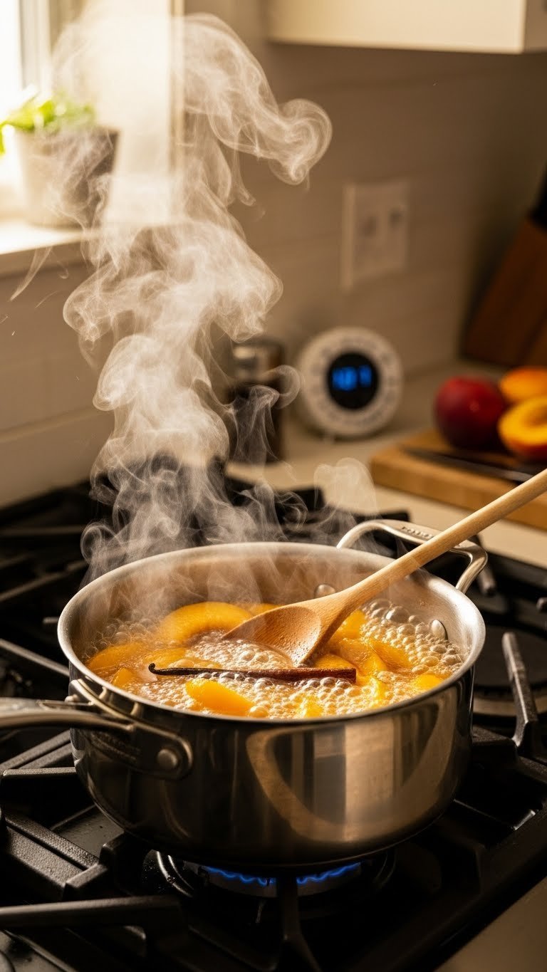 Close-up of peach coffee syrup gently simmering in saucepan on stovetop with visible steam rising