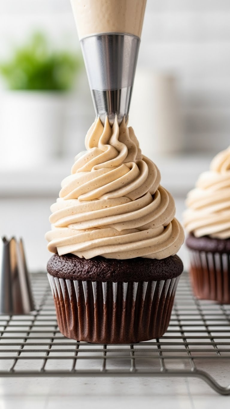 Whipped Coffee Buttercream Complete Guide Easy Light Fluffy Frosting 13 Close-up of piping whipped coffee buttercream swirl onto chocolate cupcake with star tip piping bag on cooling rack.