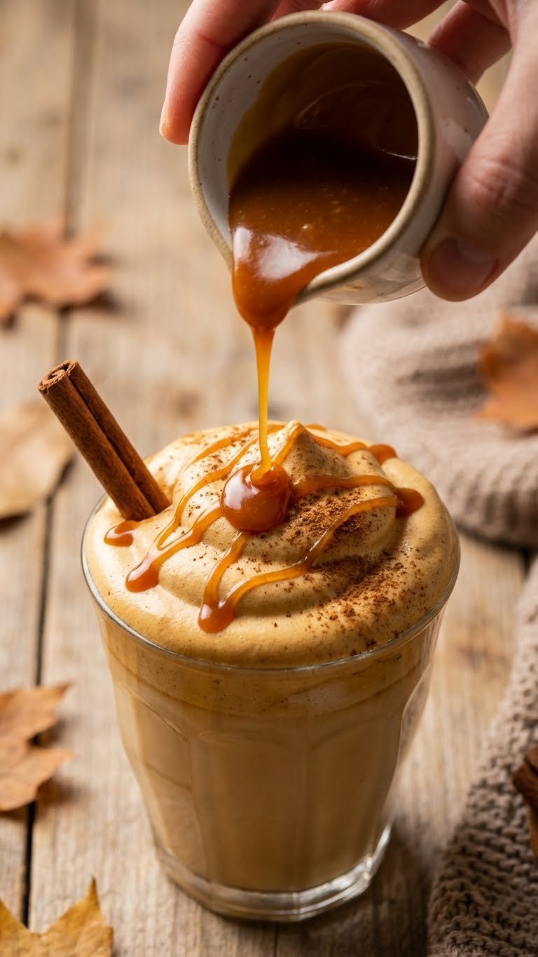 Pumpkin Whipped Coffee Recipe Easy Creamy Dalgona Style 15 Close-up of pumpkin whipped coffee being garnished with caramel drizzle and cinnamon stick