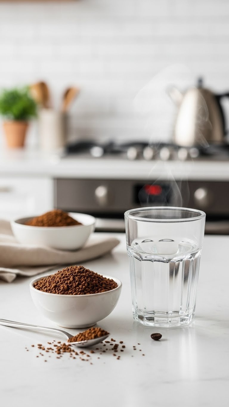 Homemade Lavender Whipped Coffee: 7 Easy Tips for Perfect Cream 1 Close-up of rich dark roast instant coffee granules in a ceramic bowl with hot water, spoon, and kettle on a blurred kitchen counter.