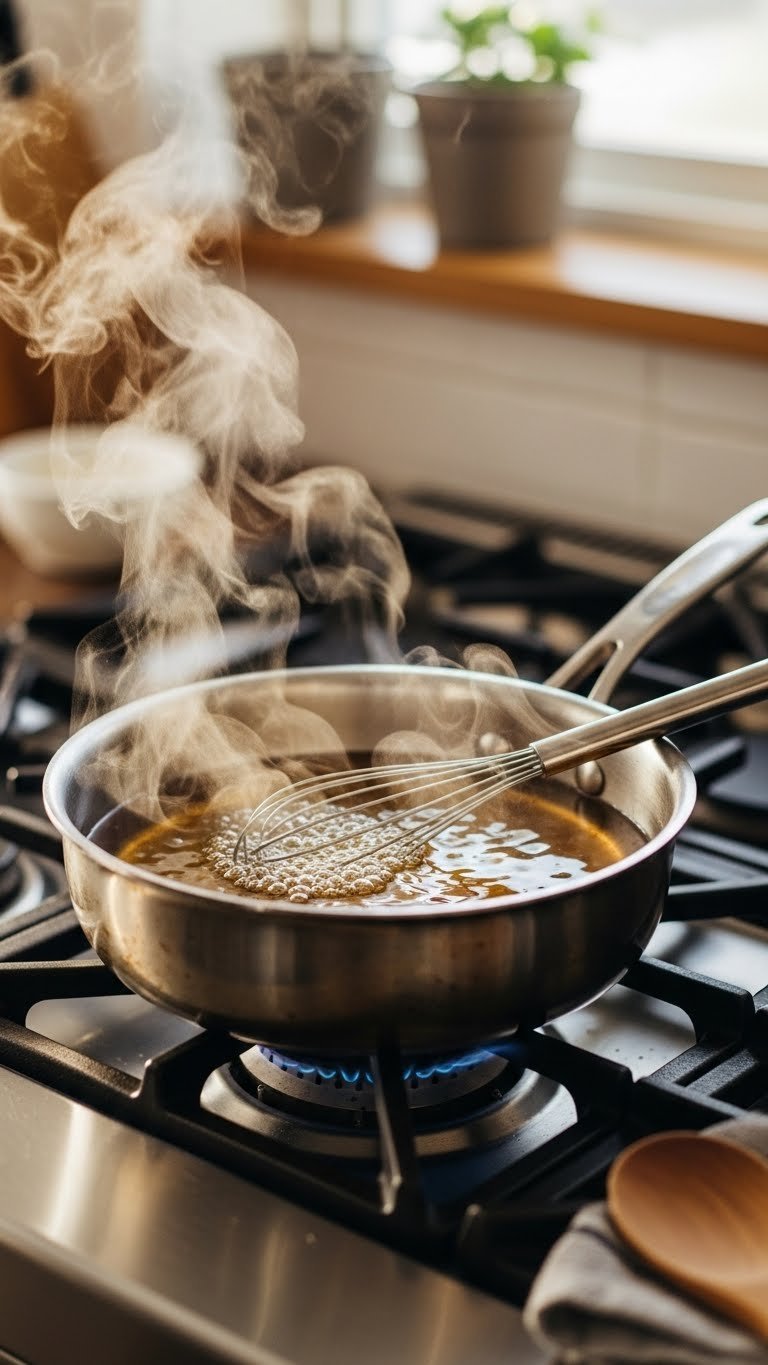 Close-up of saucepan with shimmering simple syrup simmering on stovetop with gentle steam rising from the golden liquid
