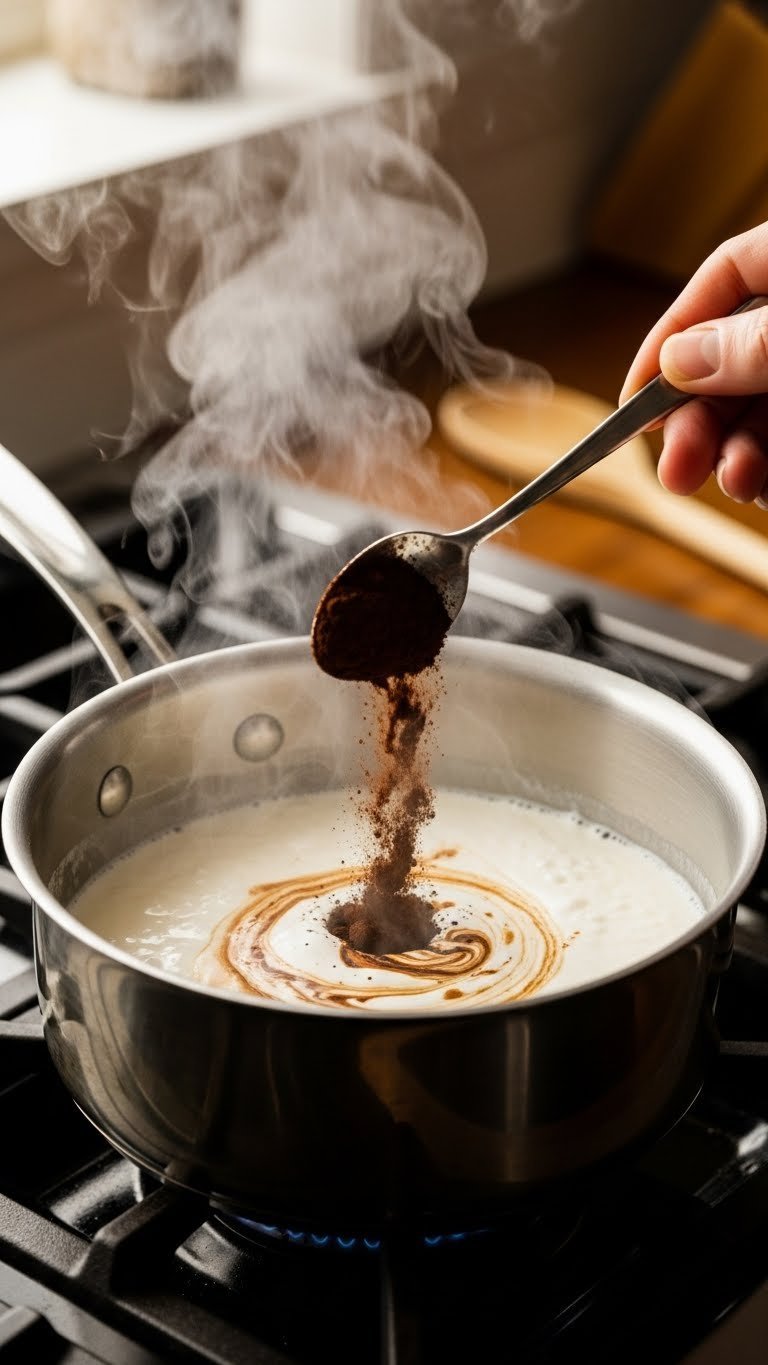 Whipped Coffee Ganache Recipe With Perfect Pipeable Texture 5 Close-up of saucepan with steaming cream and espresso powder swirl being stirred with wooden spoon