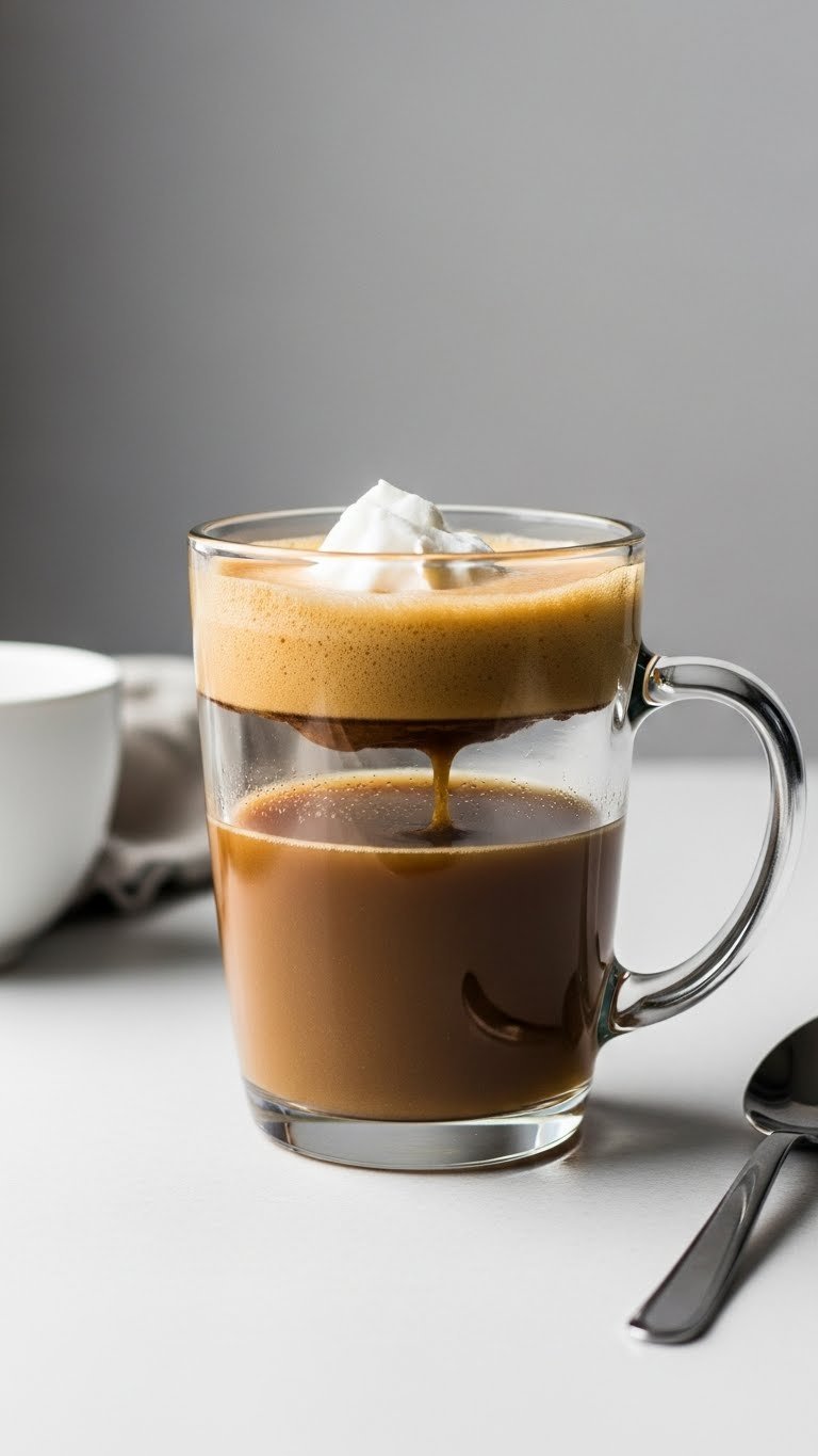 Close-up of separated bulletproof coffee showing oily layer on surface in minimalist setting