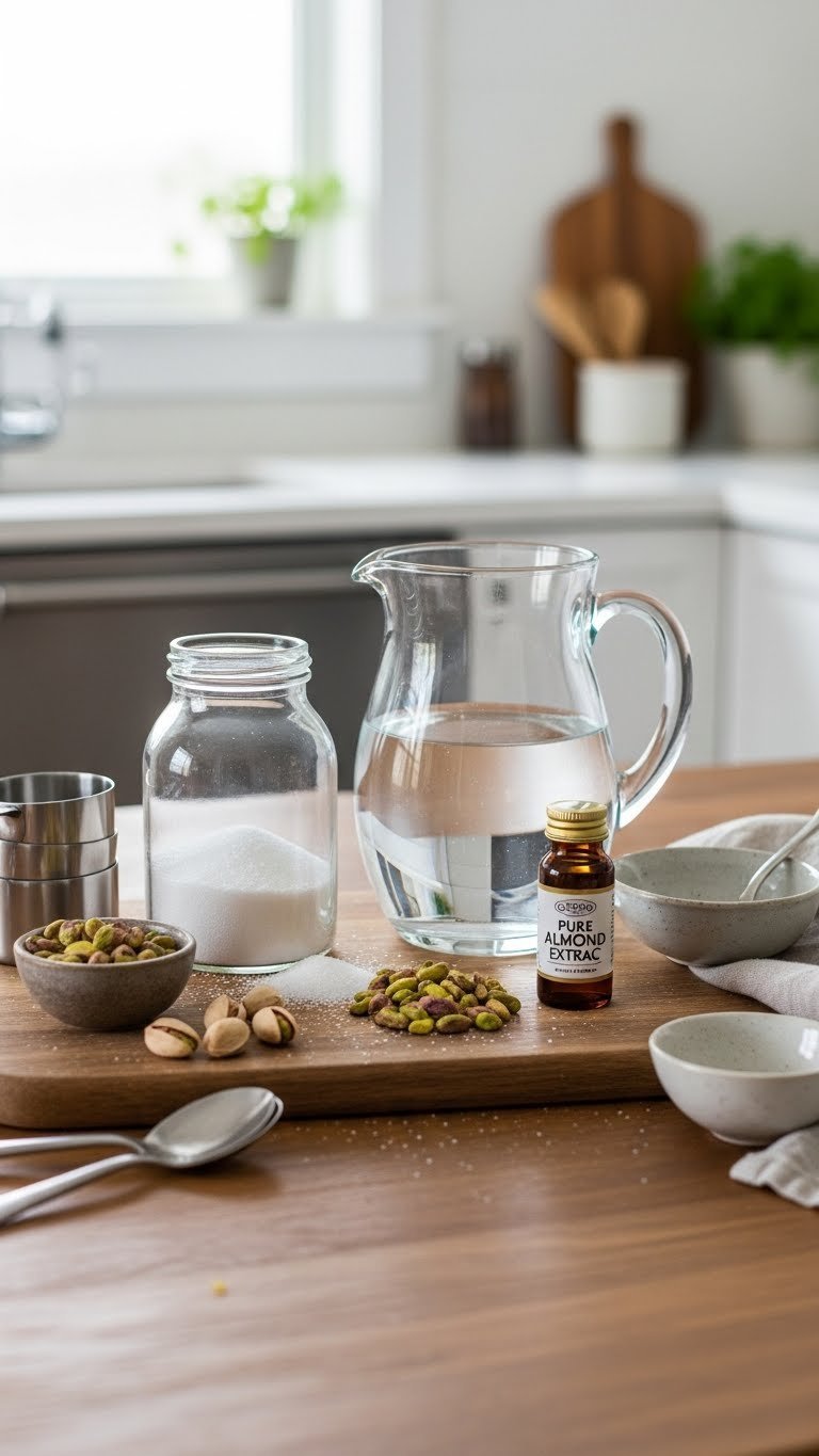 Close-up of shelled pistachios, granulated sugar, fresh water, and almond extract arranged on rustic wooden board for pistachio coffee syrup recipe