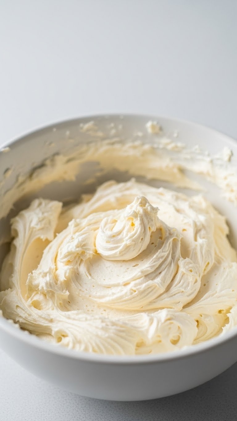 Whipped Coffee Buttercream Complete Guide Easy Light Fluffy Frosting 9 Close-up of slightly grainy separated buttercream in bowl showing common baking problem on simple kitchen counter.
