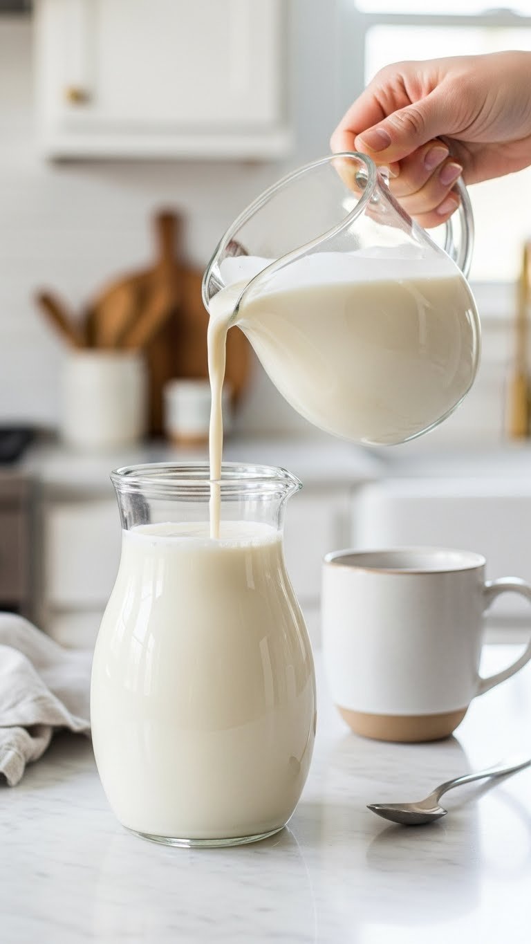 Close-up of smooth white keto coffee creamer with heavy cream swirls pouring from pitcher into ceramic mug on marble countertop