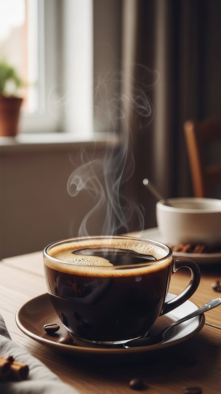 Close-up of steaming black coffee in ceramic mug on rustic wooden table with soft natural lighting and bokeh background