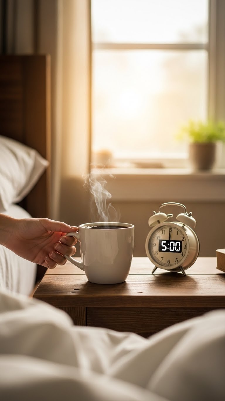 Close-up of steaming black coffee mug on rustic bedside table with alarm clock showing 5:00 AM and morning light creating cozy atmosphere