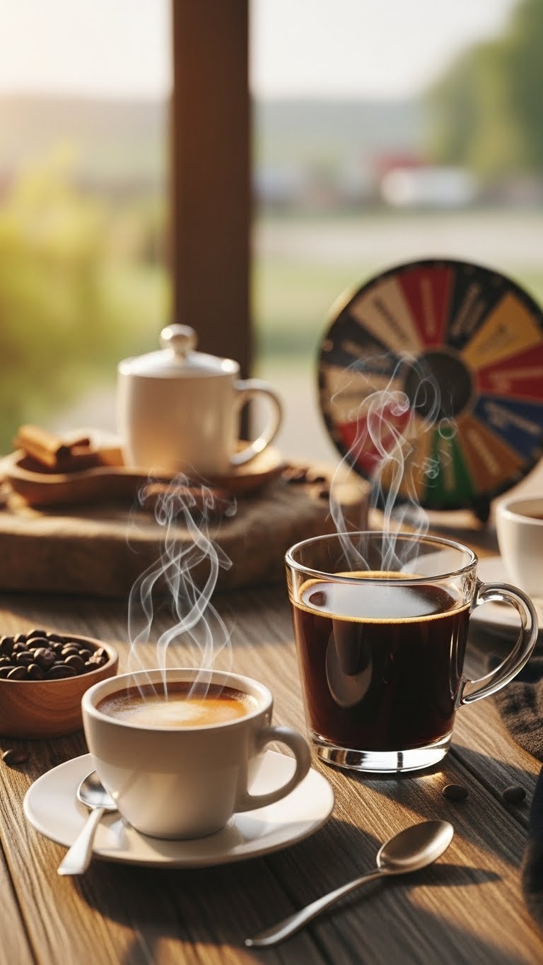 Close-up of steaming espresso with crema and black coffee on rustic table with coffee beans and tasting wheel background.