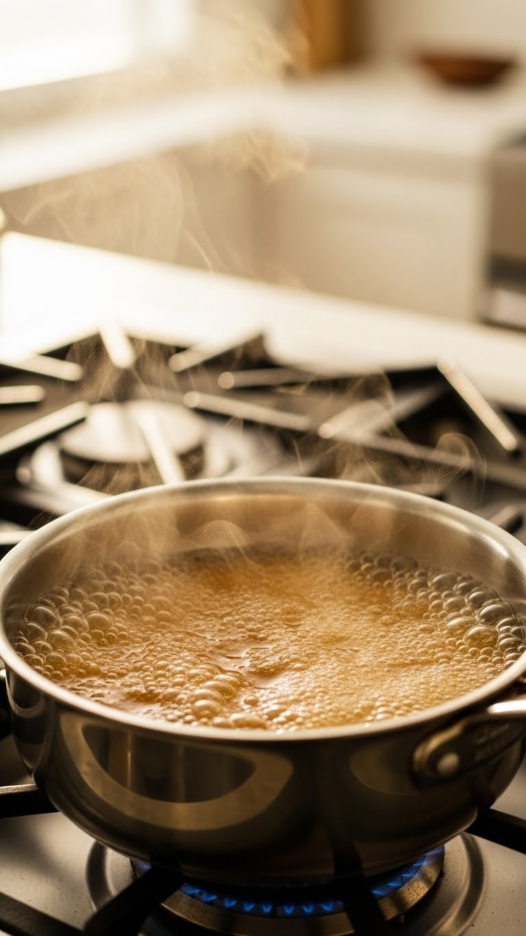 Close-up of sugar caramelizing in stainless steel saucepan with golden brown bubbles and steam rising on stovetop during syrup making process.