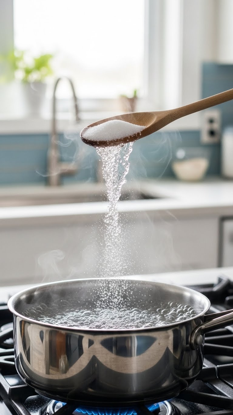 Close-up of sugar crystals dissolving in simmering water in stainless steel saucepan with steam rising and wooden spoon nearby.