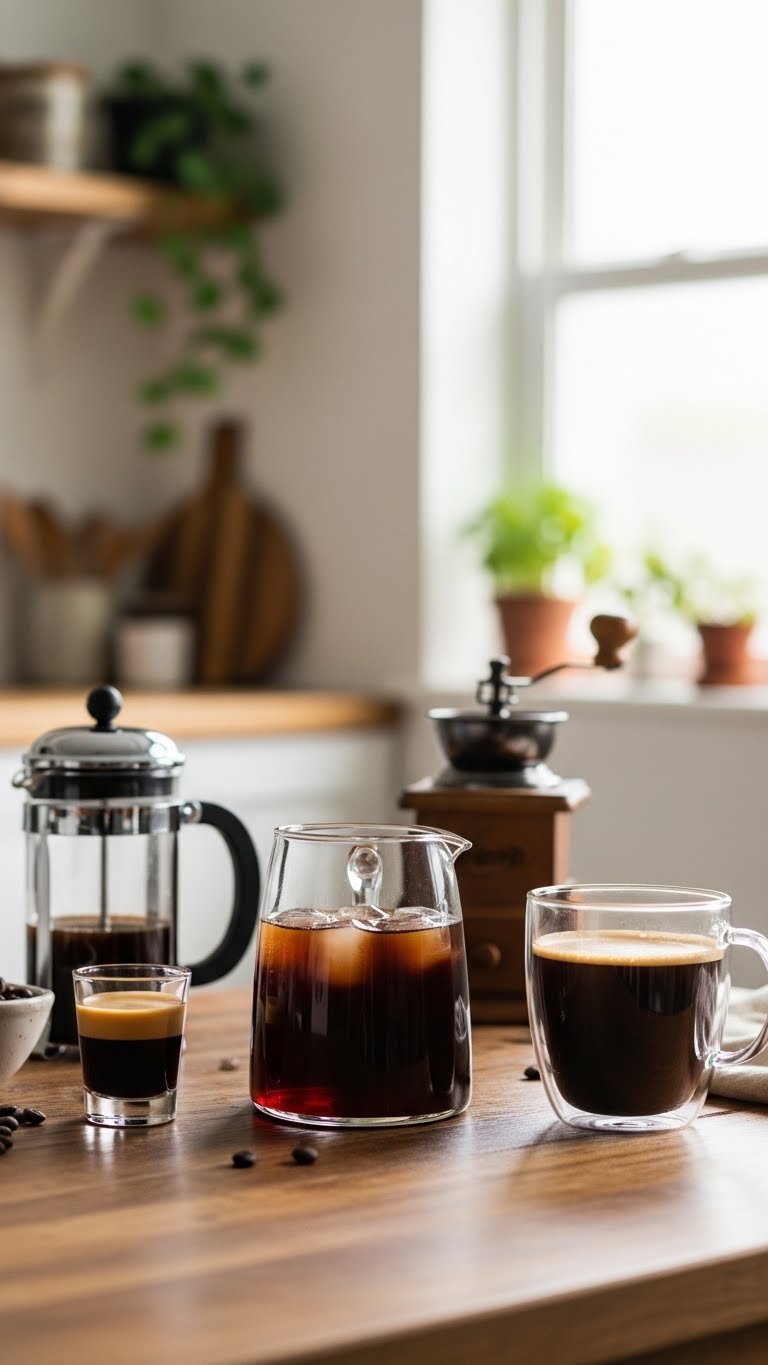 Close-up of three glass containers showcasing espresso shot, dark cold brew carafe, and light coffee mug arranged on rustic wooden table